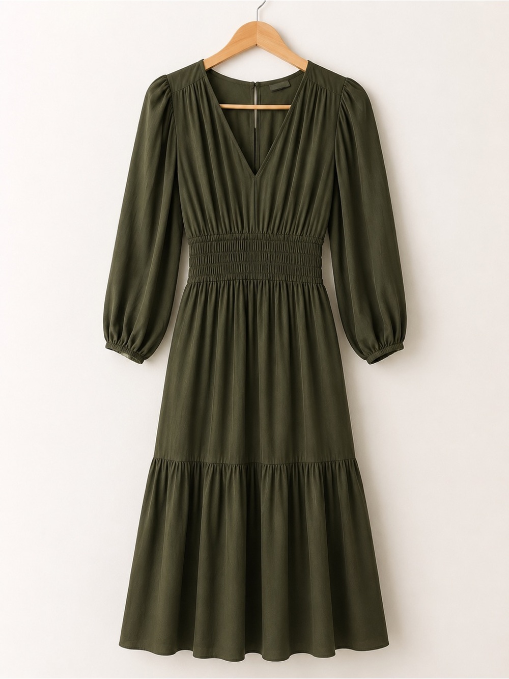 Grade & Gather Olive Green Satin Midi Dress XSP NWT Smocked Empire Waist